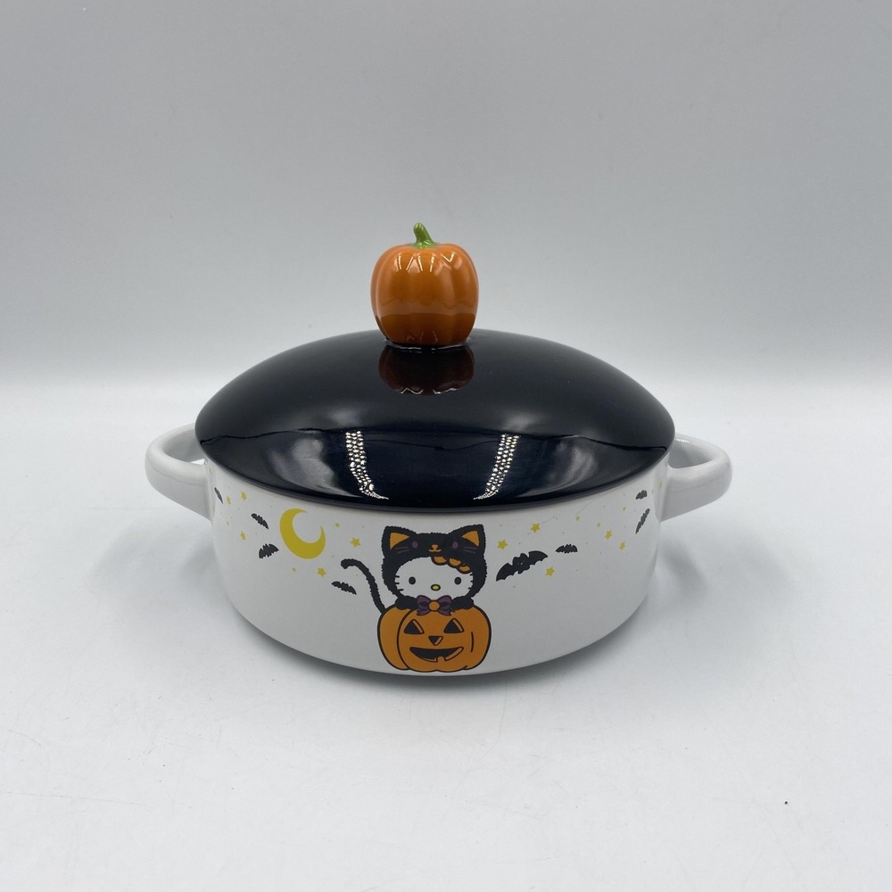 Hello Kitty Sanrio Ceramic Casserole Dish With Lid Halloween Pumpkin‎ Black Cat